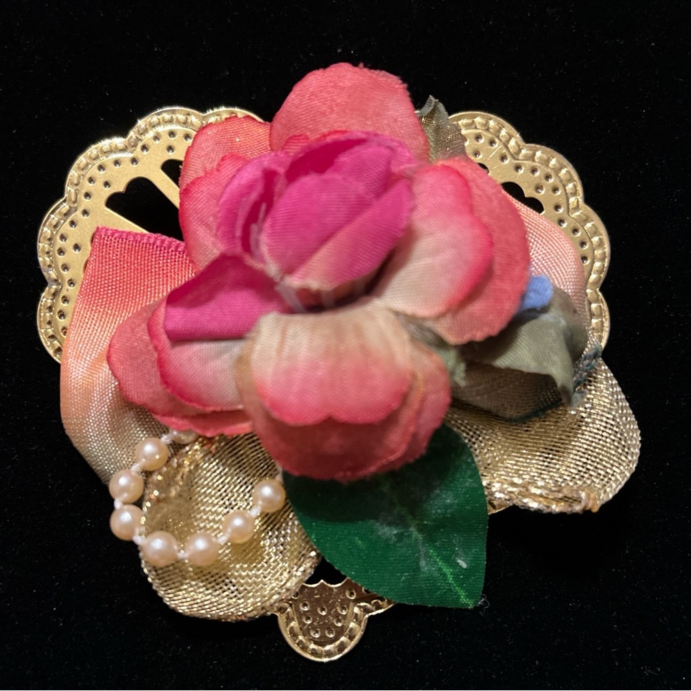 Red, Pink, Cream, Green, & Gold Flowery Brooch